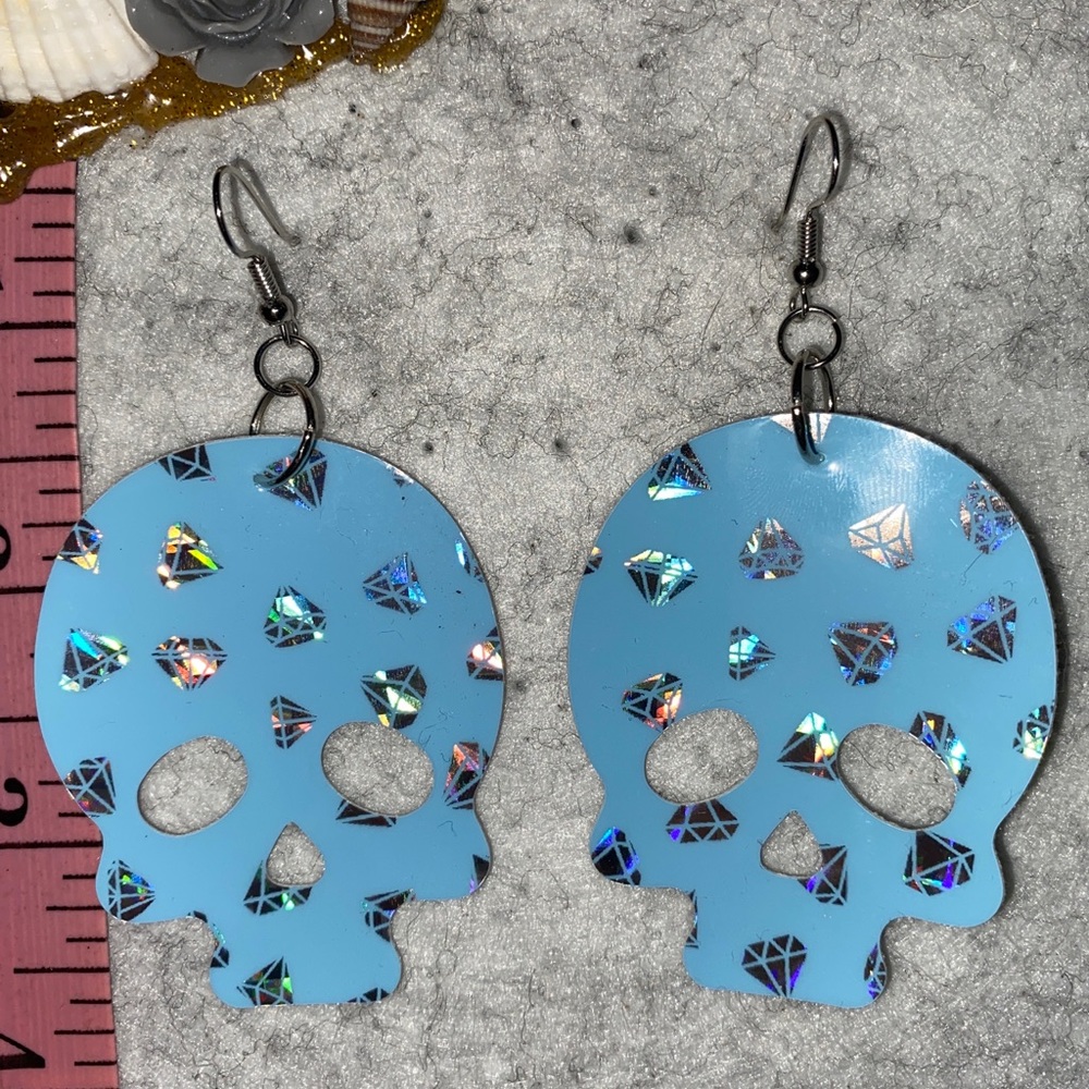 Blue Diamond Skull Leather Earrings